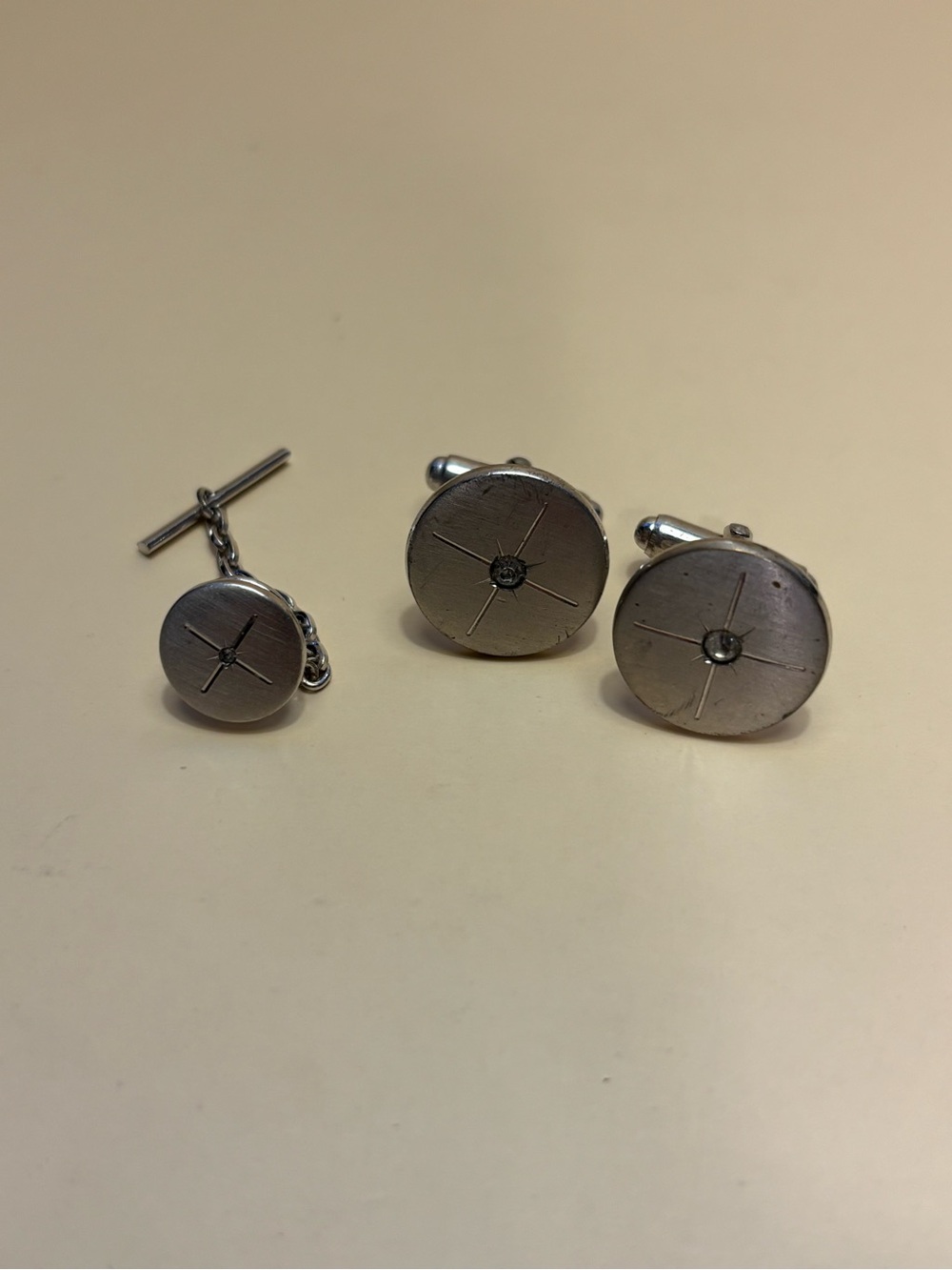 🌻Vintage Anson Silver-Tone Crystal Round Cufflinks and Tie Tack